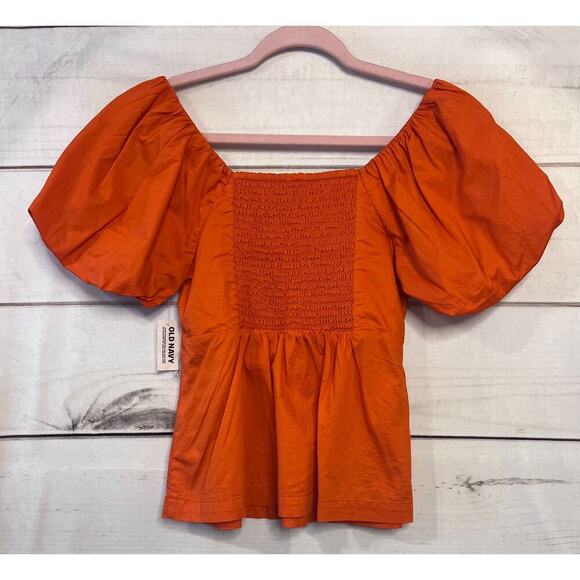 Old Navy Top Size SM NWT Orange Bubble Short Sleeve Smocked Back - Picture 2 of 5